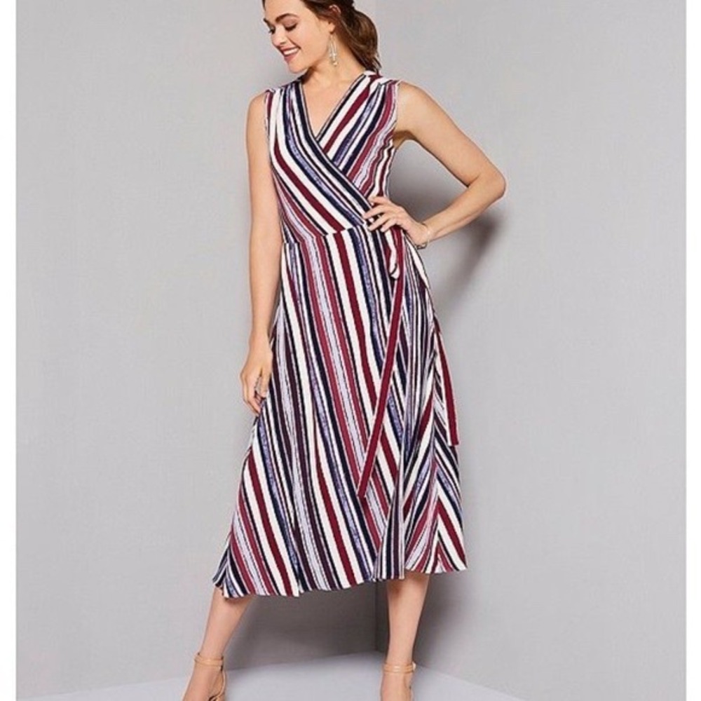 Alex‎ Marie Cassie Striped Wrap Dress Size 12 V-Neck Mauve Ivory Sleeveless